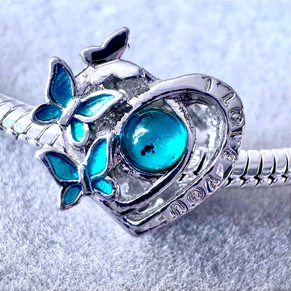 Teal Green and Silver Heart‎ Butterfly Charm fits PANDORA